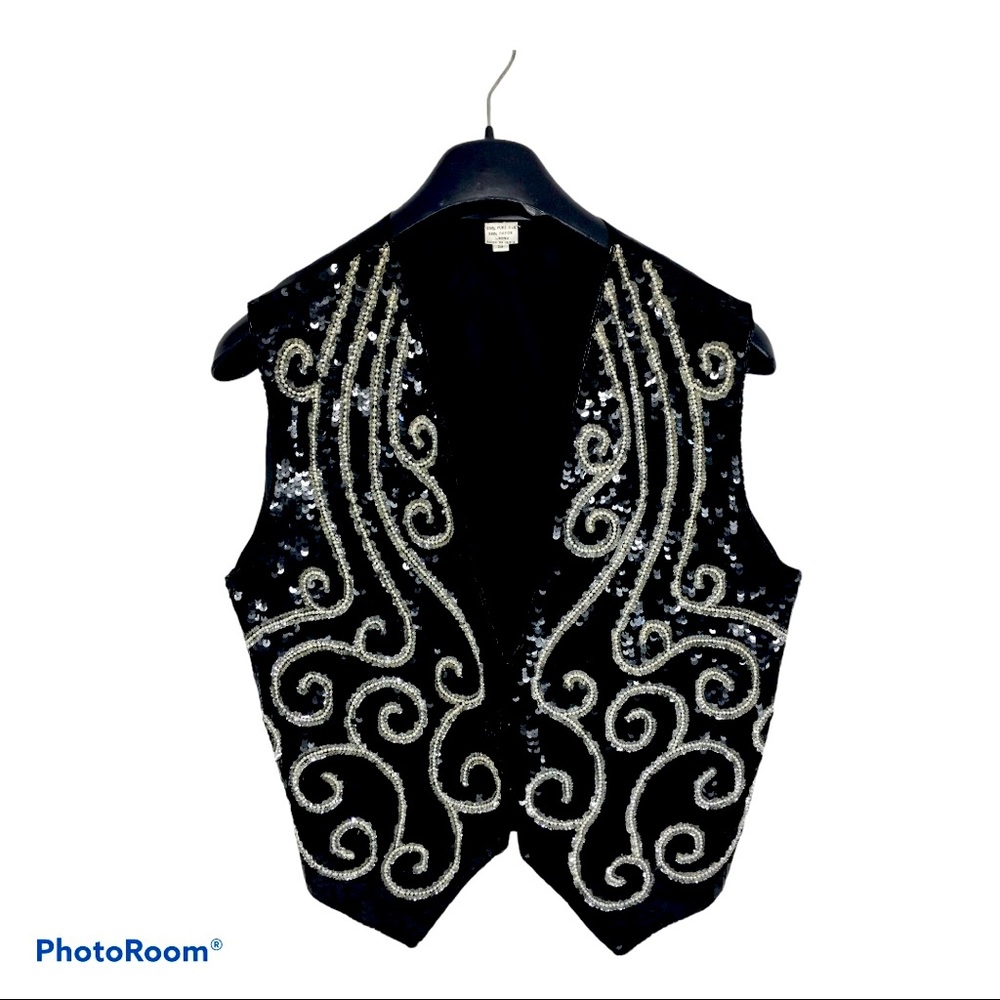 Black And Silver Sequined And Beaded Sparkly Vest